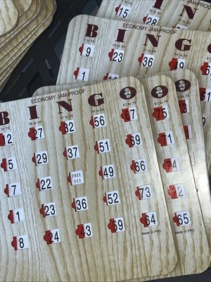 Vintage Slider Economy Jam-Proof Bingo Cards Finger-Tip Shutter Card Woodgrain - Image 1 of 4