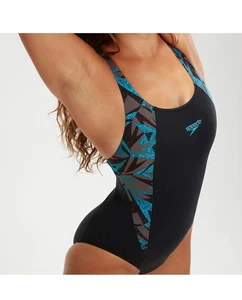 Speedo Damen Hyperboom Splice Muscleback Badeanzug Schwimmkostüm schwarz neu mit Etikett - Bild 1 von 6