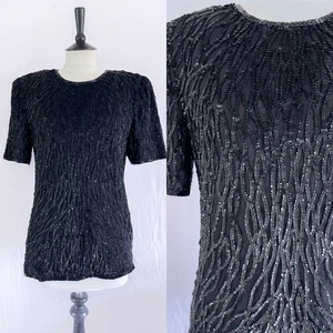 LAURENCE KAZAR ORIGINAL 1980S VINTAGE BLACK SILK SEQUIN EVENING FLAPPER TOP M - Picture 1 of 5