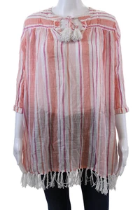 Roller Rabbit Womens Cotton Striped Fringe Y-Neck Tunic Blouse Pink Size S - Picture 1 of 6