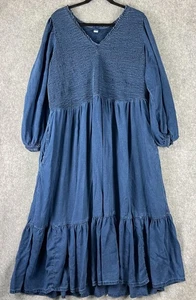 Old Navy Smocked Tiered Maxi Dress Womens 3X Blue Chambray Balloon Sleeve Boho - Picture 1 of 13