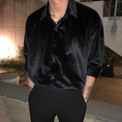 Men Loose Velvet Velour Basic Shirt Tops Button Soft Party Prom 70s Retro Shirt - Image 1 of 4