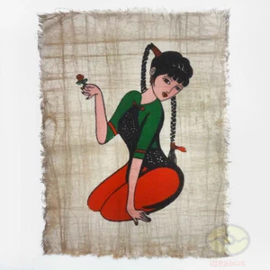 Chinesische Volkskunst Handarbeit Wanddeko hängender Batik Wandteppich - Das rote Blatt Mädchen - Bild 1 von 4