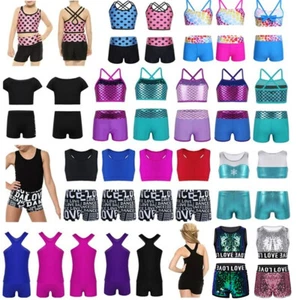Girls Kids 2 Piece Gymnastics Dance Outfit Crop Top+Booty Shorts Sports Swimwear - Picture 1 of 94
