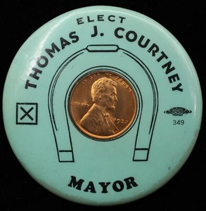 1937 Wahl Thomas J. Courtney Bürgermeister Chicago IL Ad. Taschenspiegel mit ummanteltem Cent - Bild 1 von 2