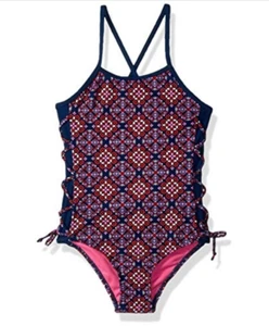 Limited Too Girls' Print Mixing W/Texture Fabric Swimsuit Navy Size 5 - Picture 1 of 2