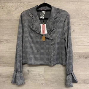 ANDREE By UNIT Button Blazer Women’s Small Gray Jacket Plaid Ruffle Cuffs NWT - Imagen 1 de 7