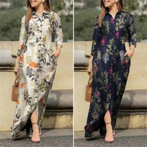 Plus Size 6-22 Women's Long-Sleeved Shirt Kaftan Floral Print Button Maxi Dress - Picture 1 of 13