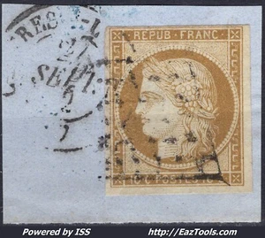 FRANCE CERES 10c BISTRE JAUNE N° 1 AVEC OBLITERATION GRILLE + CAD SUR FRAGMENT - Picture 1 of 2