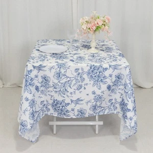 70" x 70" Blue French Toile Pattern Polyester Square Tablecloth  Disposable - Picture 1 of 6
