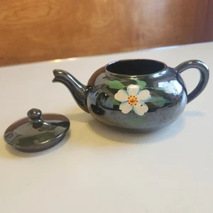 Brown Lusterware Ceramic Tespot w Hand Painted White Flowers and Lid Small - Picture 1 of 8