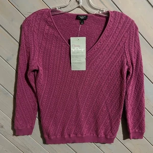 Suéter tejido con cable cuello en V Talbots Petites para mujer talla P frambuesa - Imagen 1 de 5