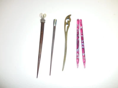 Lote de 5 palos para el cabello - madera, acrílico, incrustación de concha de abulón y conchas de cowrie Foto 1 de 4