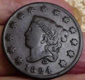 BETTER DATE 1824 MATRON HEAD (CORONET) LARGE CENT F+ - Picture 1 of 2