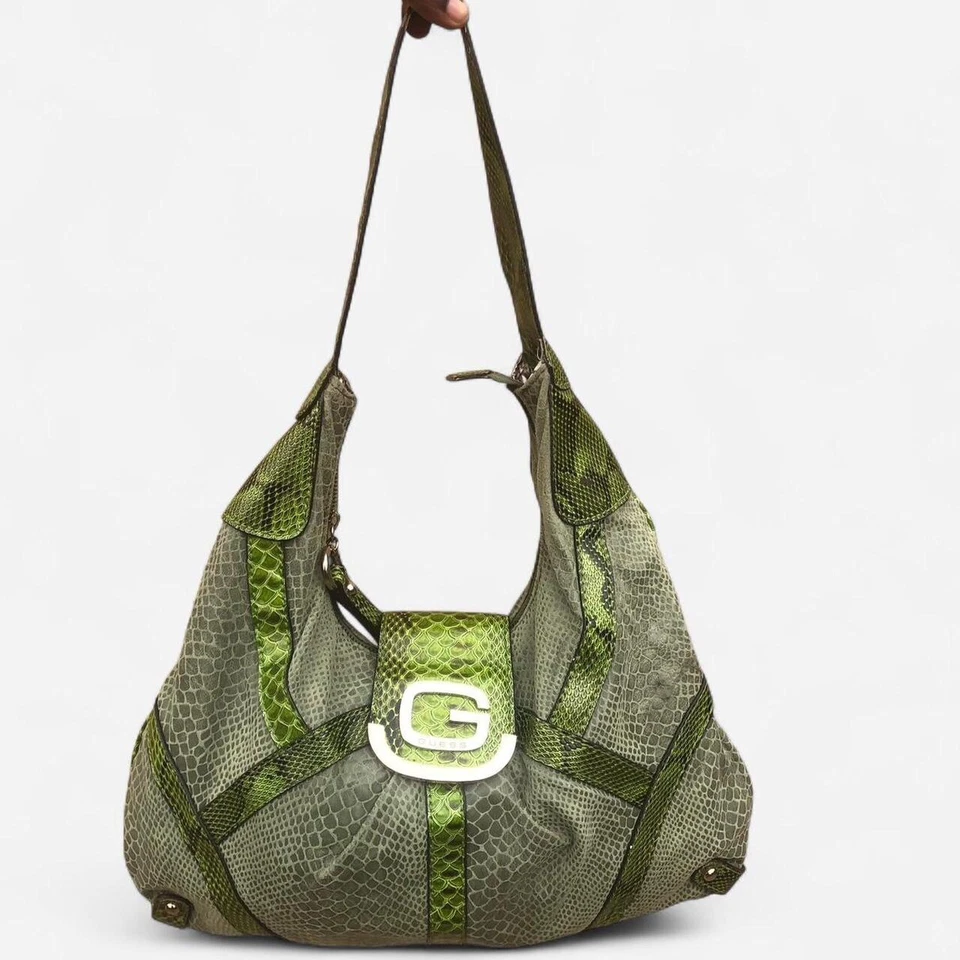 Guess Y2K Bolso de Mano Hobo de Hombro de Cuero Serpiente Verde Monograma 2000 De Colección Foto 1 de 4