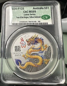 2024 Lunar Series Australia S$1 Year of the Dragon, YellowColorized 1oz CAC MS69 - Picture 1 of 2
