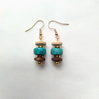 Earth Tone Wood Turquoise Howlite Beaded Dangle Earrings Handmade Gold Tone Boho - Image 1 of 4
