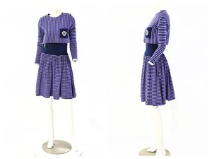80s Womens S Purple & Navy Blue Striped Drop Waist Dress CVR Originals - Picture 1 of 6