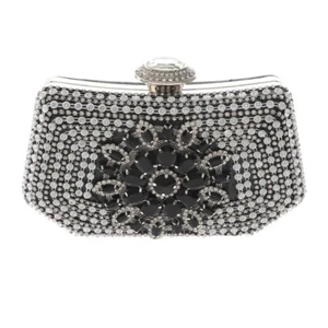 Silver Tone Fashion Satin Fabric Clutch Evening Bag With Rhinestone TLX200-BLK - Picture 1 of 3