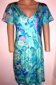 Womens Blue/Green Floral Printed Silky Dress Short Sleeve V Neck Sz Small NWT - Picture 1 of 6