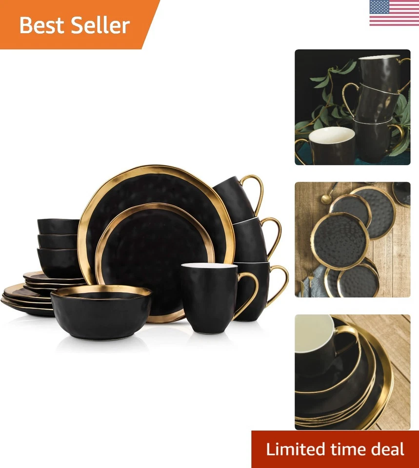 Stone Lain Porcelain 16 Pcs Dinnerware Set Service for 4 Black and Golden Rim