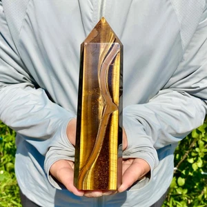 1.25LB Large Natural Tiger's Eye Stone Obelisk Quartz Crystal Point Wand Rock H - Picture 1 of 10
