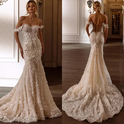 Elegant Mermaid Wedding Dress Off Shoulder Bridal Gown For Women Appliques - Image 1 of 4