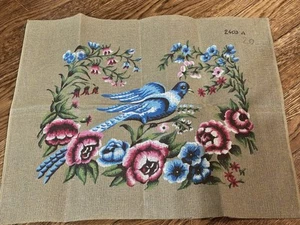 Vintage Needlepoint Canvas Blue Bird Floral 24x20 - Picture 1 of 10