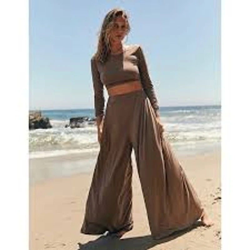 FP BEACH Alia Wide Leg Jersey Knit Pants Java Dark Brown Medium M FREE PEOPLE - Image 1 of 4