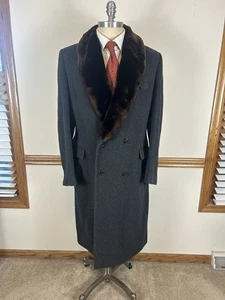VTG TELLER CASHMERE BLEND GRAY DOUBLE BREASTED OVERCOAT WITH FAUX FUR COLLAR 42R - Picture 1 of 15