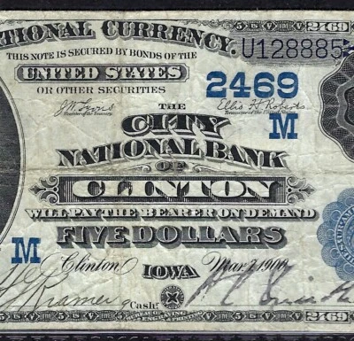 🇺🇸 IA  1882 $5 VALUE BACK  ♚♚CLINTON, IOWA ♚♚ PCGS VERY FINE 20 - Image 1 of 3