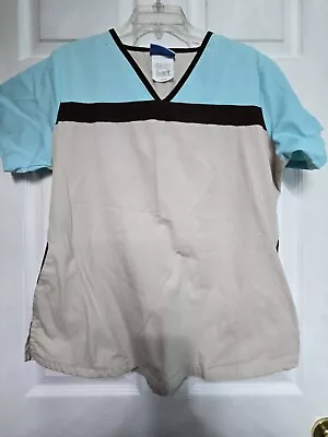 UA Scrubs Scrub Top size M~Aqua/Tan/Brown V-Neck-Chest 23"/L 26" - Image 1 of 4