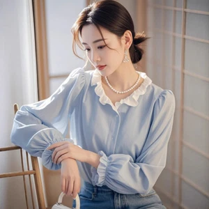 Camicie maniche lunghe blu coreano donna dolci maniche lunghe primavera casual camicia top - Foto 1 di 17