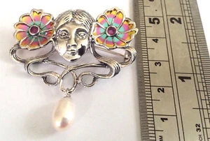 Sterling Silver Plique a Jour Art Nouveau Ruby Flower Girl  Lady Brooch Pin - Picture 1 of 1