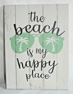 16x12 BEACH IS MY HAPPY PLACE ready to hang, vinyl & wood framed art home decor - Image 1 of 4