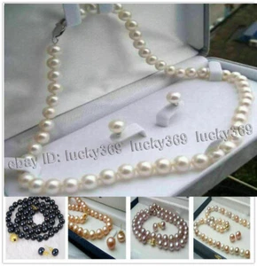 18"-50" 7-8mm /8-9mm Natural Akoya Cultured Pearl Beads Necklace + Earrings Set - Picture 1 of 13