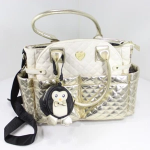 Betsey Johnson Large Gold Ivory Baby Diaper Bag Pacifier Pouch 16.5x13x6 DAMAGED - Picture 1 of 13