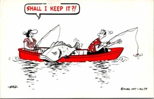 GAD Couple in Red Boat Wife Hooks Huge Fish Comic Fishing Postcard - Picture 1 of 2