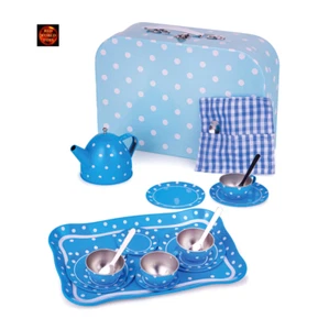 Blau gepunktet Kinder Blech Weißblech Teeservice Tablett Teekanne, Tassen, Teller, Löffel - Bild 1 von 5