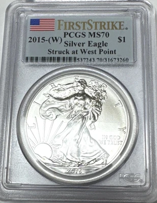 Etiqueta de bandera de Estados Unidos 2015-(W) Silver Eagle graduación profesional MS70 FIRST STRIKE golpeada en West Point Foto 1 de 4