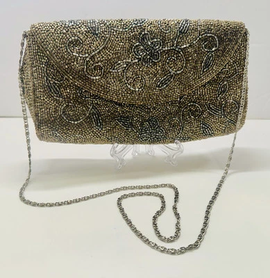 Moyna 金色/银色串珠花卉/漩涡纹理手拿包/肩钱包 — 第 1/4 张图片