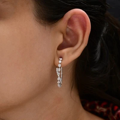 2.05 Ct Lab Grown CVD Pear Round Cut Diamond Hoop Earrings 14k White Solid Gold - Image 1 of 4