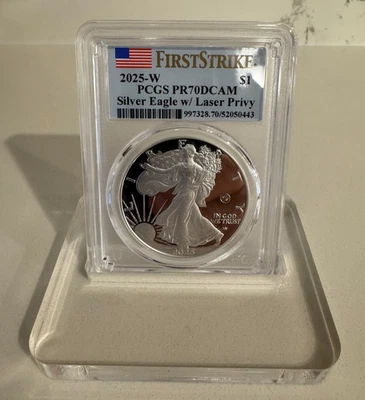 ✴ 2025 W Silver American Eagle $1 Laser Privy PCGS PR70 DCAM First Strike Flag ✴ - Image 1 of 4