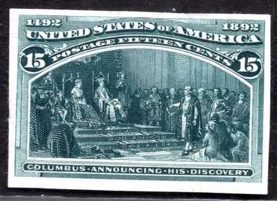 US 1893 COLUMBUS 15¢ IMPERF PROOF DARK GREEN SCOTT #238P2 FRESH COLOR SUPERB - Image 1 of 2
