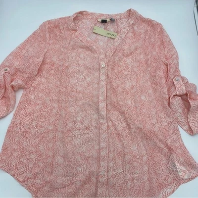 Misoka x A Pea in the Pod | Coral & White Spotted Semi-Sheer Button-Up Blouse - Image 1 of 4