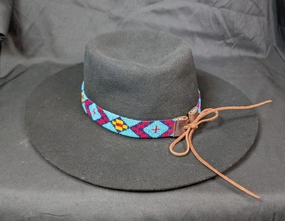 男式复古西班牙黑色毛毡宽边内陆帽带串珠带尺寸 L — 第 1/4 张图片