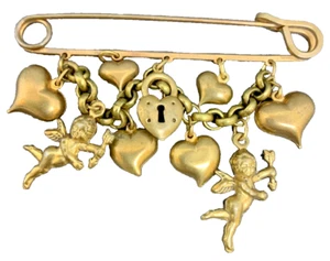 Vintage Charm Halter Sicherheitsnadel baumelnd 6 aufgeblähte Messing Herzen Amor Schloss 3"x 2" - Bild 1 von 5