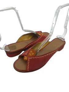 BCBG Max Azria Slide Sandal Red Suede Open Toe Tiny Beads Embroidered Sz 7B - Picture 1 of 9