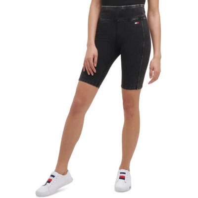 NUEVO Tommy Hilfiger Logo Para Mujer Deportivo M Negro Activo Pantalones Cortos Rosa/Blanco Rayas Foto 1 de 4