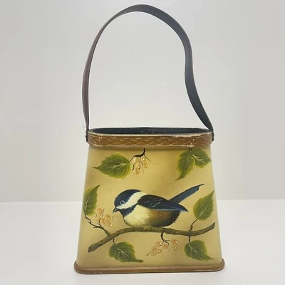Vintage Wooden Purse Hand Painted Blue Bird Scene Leather Handle 10x9” - Image 1 of 4